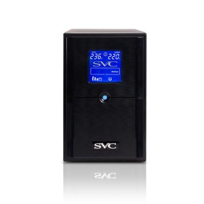 Источник бесперебойного питания SVC V-1500-L-LCD, Мощность: 1500ВА/900Вт, Диапазон работы AVR: 145-290В, Бат.: 12В/9 Ач*2шт., 3 вых.: Shuko CEE7, Чёрный