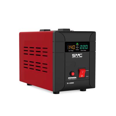 Стабилизатор (AVR), SVC, R-2000, 2000ВА/2000Вт, Диапазон работы AVR: 140-260В, Выходное напряжение: 220В +/-7%, Задержка включения, выход 2 шт Shсuko, LCD-дисплей, Защита: от перегрузки, короткого замыкания, повышенной температуры, Чёрно-красный