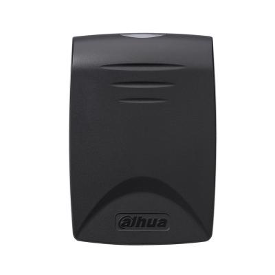 RFID считыватель, Dahua, DHI-ASR1100B, адаптирован к работе на улице в любое время года: защита корпуса от пыли и влаги соответствует стандарту IP67, рабочие температуры — -30 °C… +60 °C. Формат считываемых карт — Mifare. Дальность считывания — 6 ~ 8