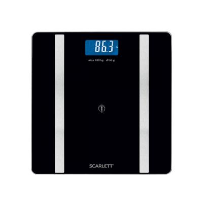 Напольные весы диагностические, Scarlett, SC-BS33ED110, Материал корпуса Стекло ABS-пластик, Макс вес 180 кг, Автоматическое включение/выключение, Тип батарейки AAA, Bluetooth, Черный
