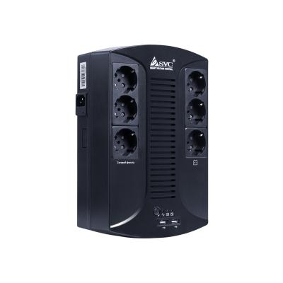 Источник бесперебойного питания SVC U-650-L, Smart, USB, Диапазон работы AVR: 145-290В, Бат.: 12В/7 Ач., 6 вых.: Shuko CEE7(3 с работой от батареи, 3 сетевой фильтр), USB 5В/2А*2 шт., Чёрный