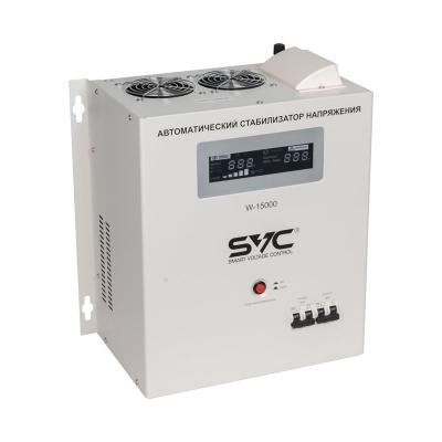 Стабилизатор (AVR) SVC W-15000, 15000ВА/15000Вт, Диапазон работы AVR: 140-260В, Выходное напряжение: 220В +/-8-10%, Задержка включения, Клеммная колодка, LCD-дисплей, Защита: от перегрузки, короткого замыкания, повышенной температуры, Белый