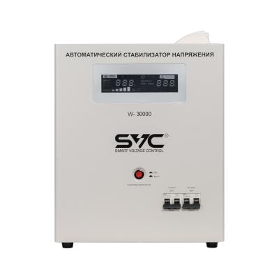 Стабилизатор (AVR) SVC W-30000, 30000ВА/30000Вт, Диапазон работы AVR: 140-260В, Выходное напряжение: 220В +/-8-10%, Задержка включения, Клеммная колодка, LCD-дисплей, Защита: от перегрузки, короткого замыкания, повышенной температуры, Белый